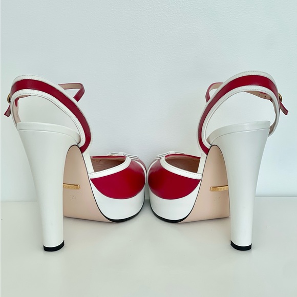 Gucci Alison Leather Platform Pumps in Red And White - Picture 3 of 5